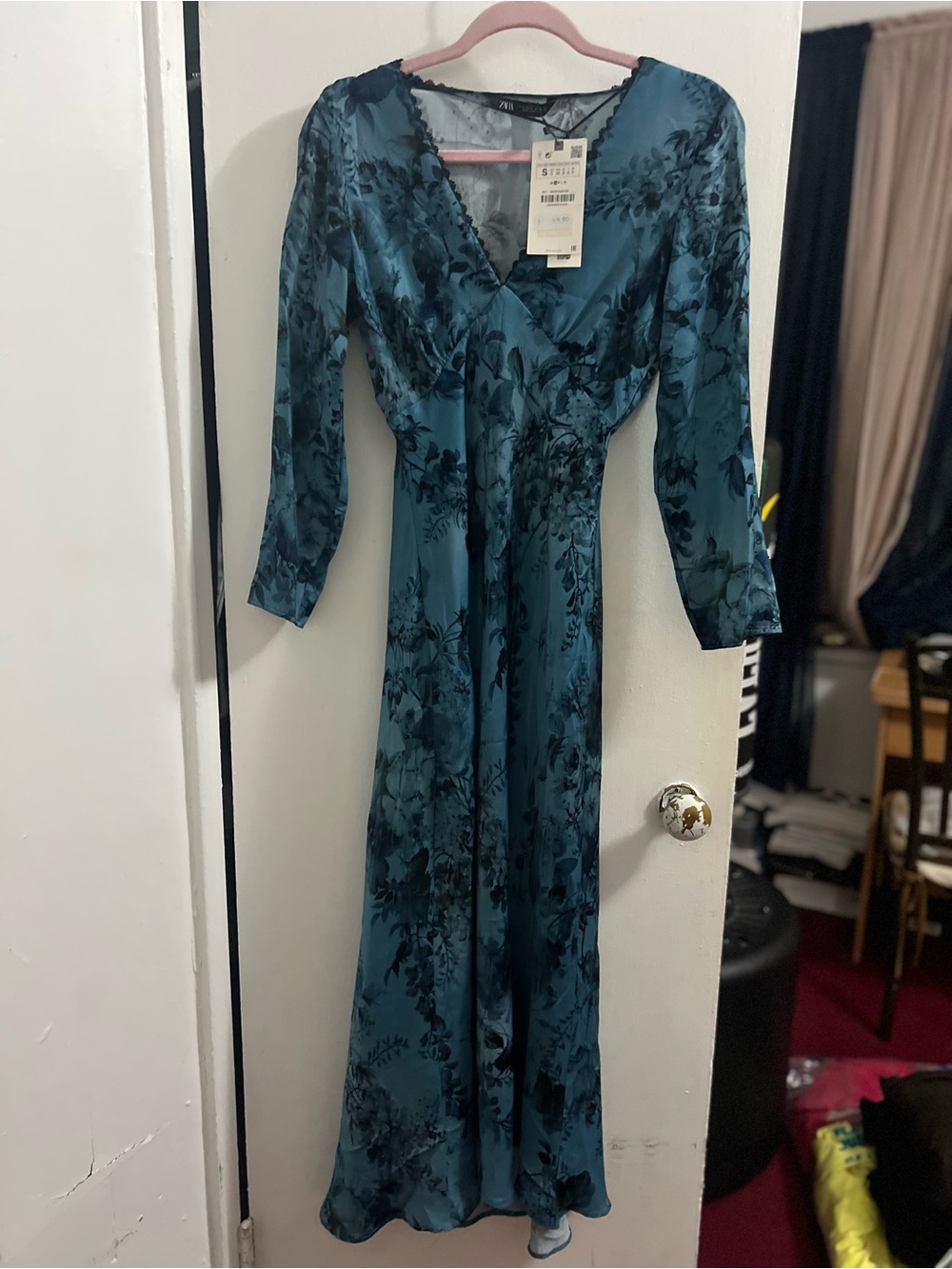 Zara Teal Floral Satin Maxi Dress